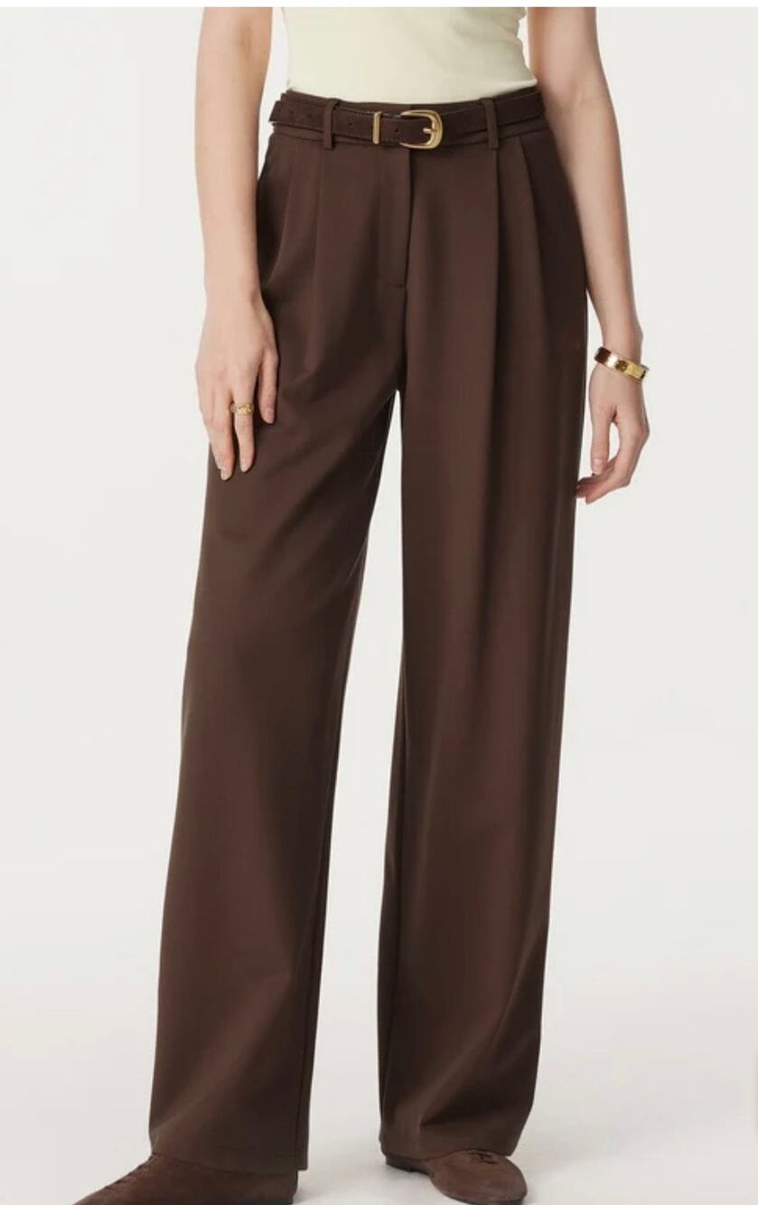OGL Brown Wide Leg Pleated Pull On Trousers Pants Pockets Women Size XS